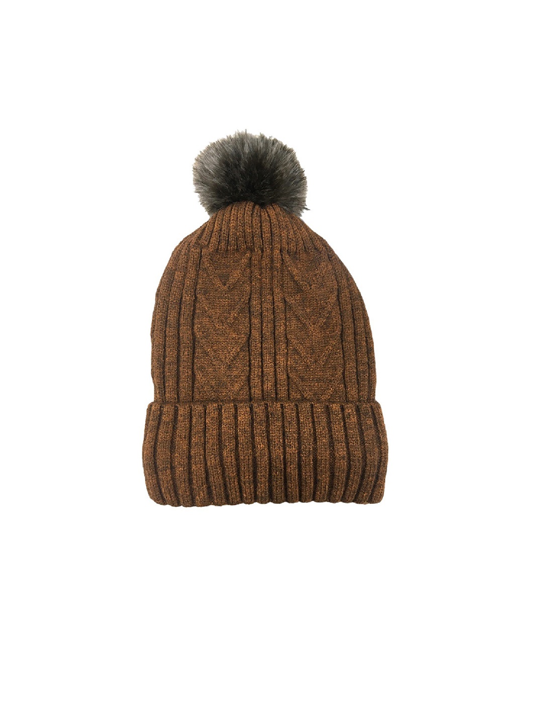 

Gajraj Self Design Woollen Beanie With Fur Pom Pom, Brown