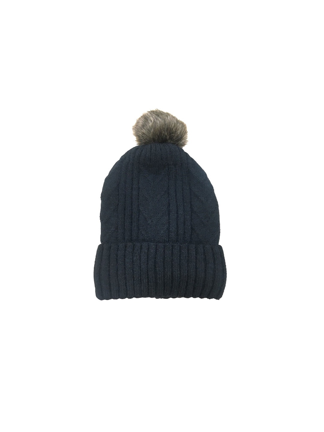 

Gajraj Self Design Woollen Beanie With Fur Pom Pom, Black