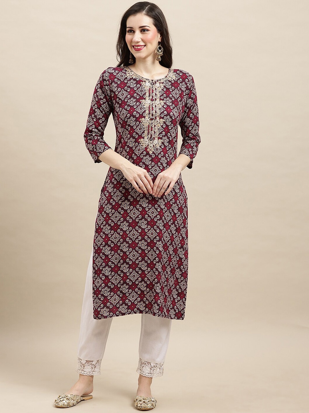 

Sangria Purple & White Bandhani Printed Straight Kurta