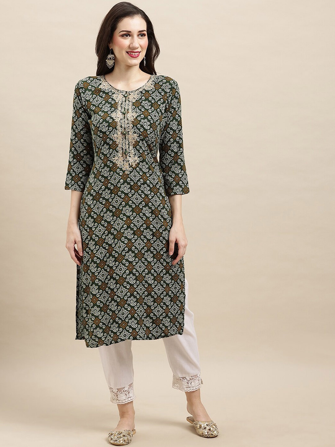 

Sangria Green & White Bandhani Printed Straight Kurta