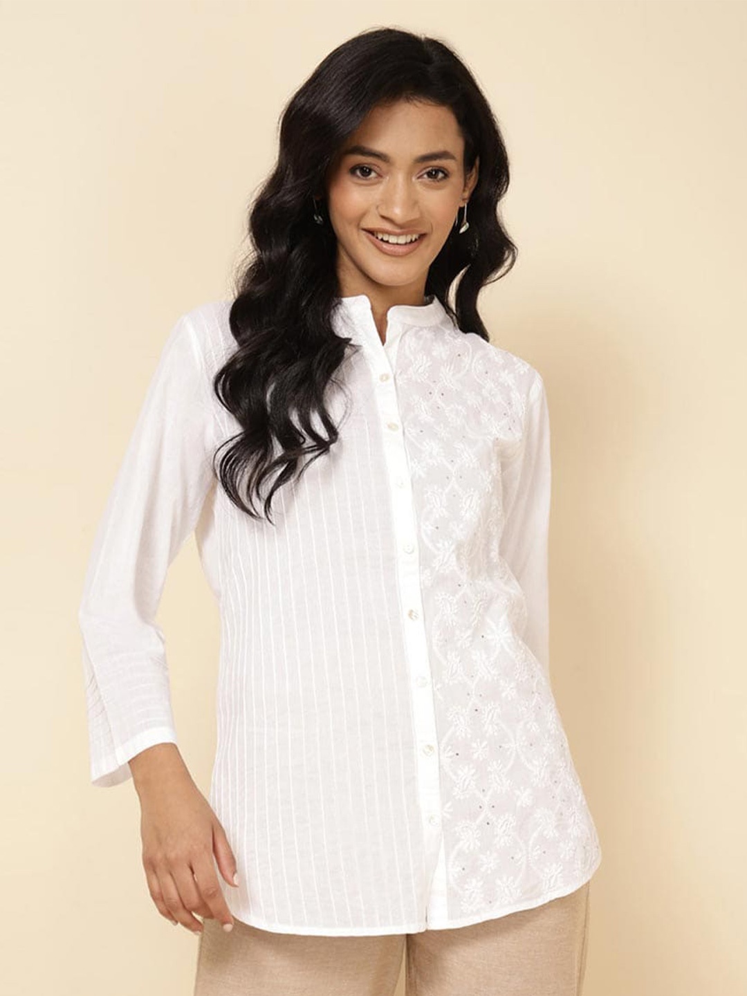 

Fabindia Self Design Spread Collar Cotton Casual Shirt, White