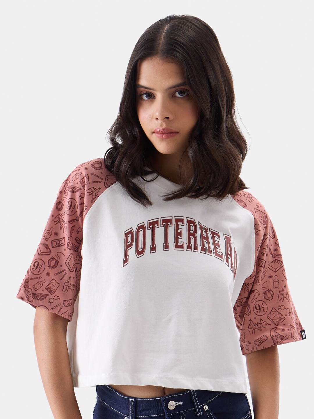

The Souled Store Proud Potterhead Printed Raglan Sleeves Boxy Fit Crop T-shirt, White