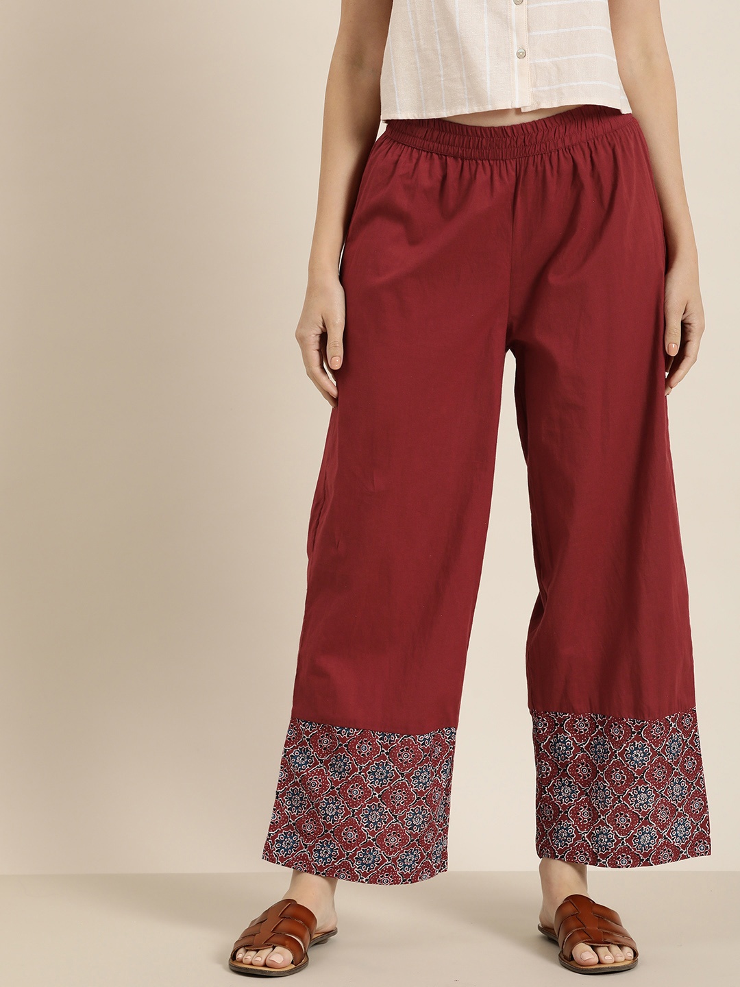 

HERE&NOW Women Pure Cotton Palazzos With Minimal Ethnic Motifs Print, Rust