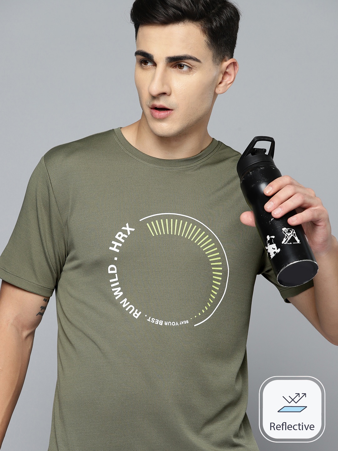 

HRX by Hrithik Roshan Brand Logo Print Rapid-Dry Running T-shirt, Olive