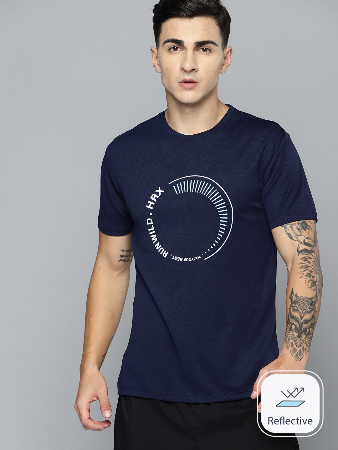 

HRX by Hrithik Roshan Men Typography Printed Rapid-Dry Running T-shirt, Navy blue