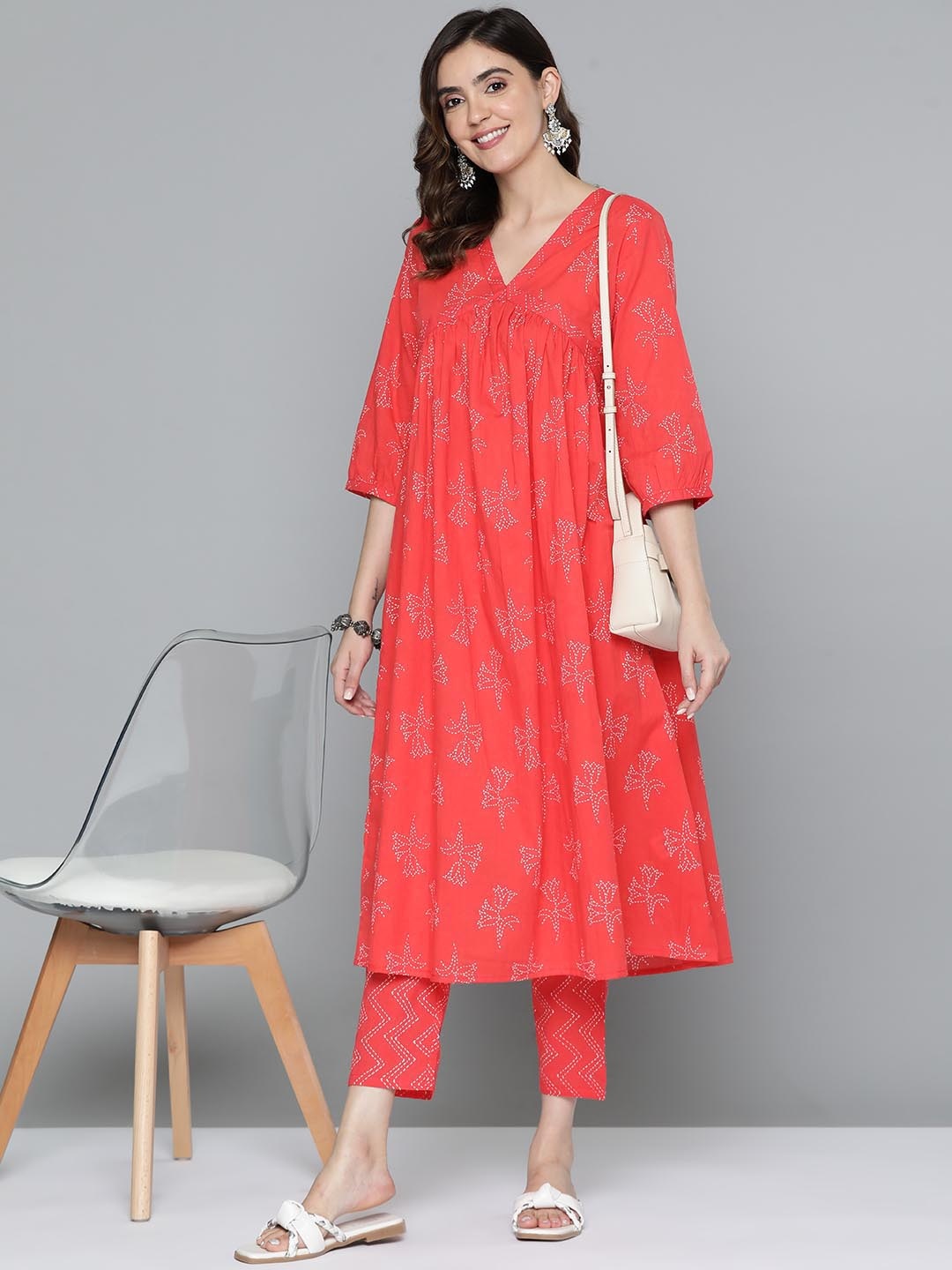 

HERE&NOW Floral Print Cotton Empire Kurta with Trousers, Coral