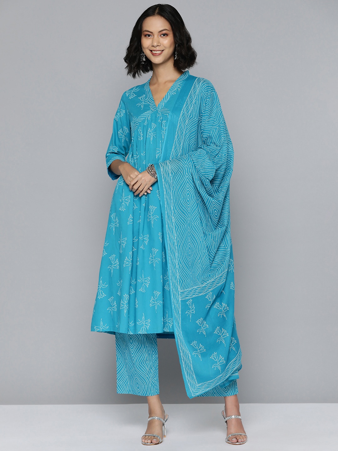 

HERE&NOW Printed Empire Cotton Kurta with Trousers, Blue