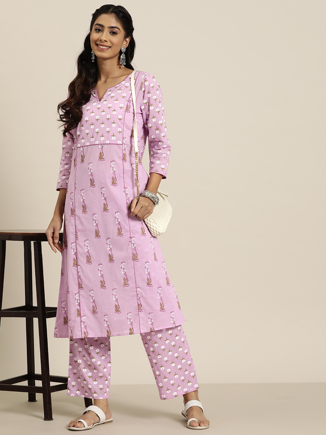 

HERE&NOW Floral Printed Pure Cotton Kurta with Trousers, Lavender