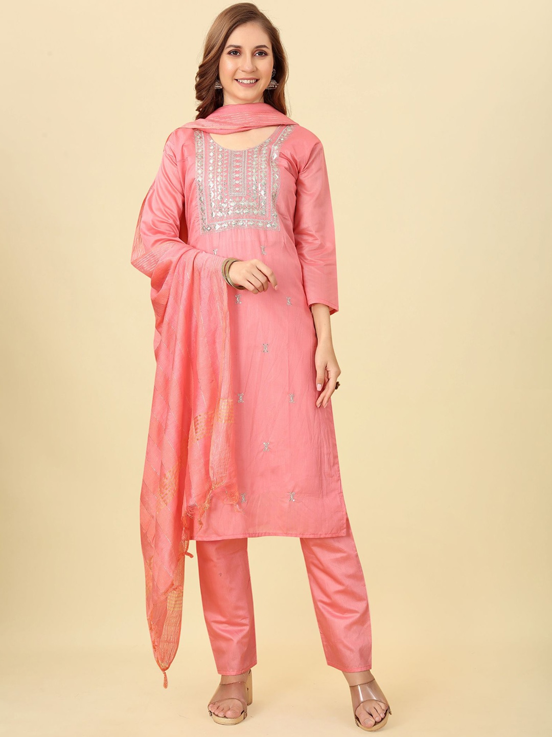 

KALINI Ethnic Motifs Embroidered Sequinned Chanderi Silk Kurta with Trousers & Dupatta, Pink