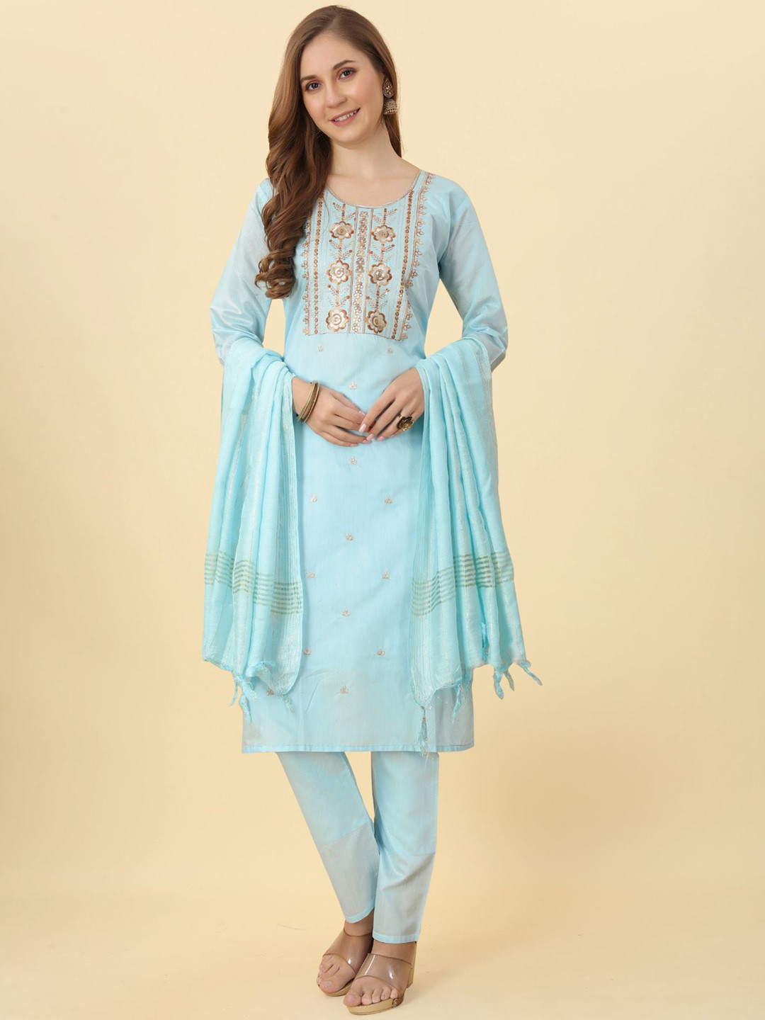 

KALINI Floral Embroidered Sequined Chanderi Silk Kurta with Trousers & Dupatta, Blue