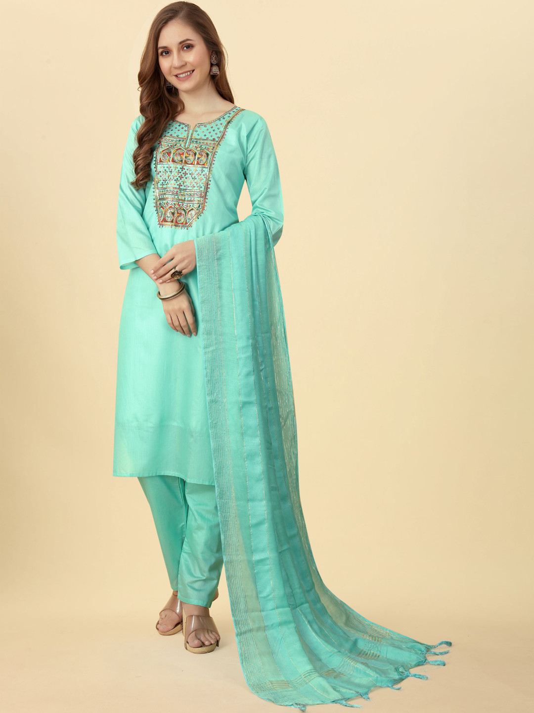 

KALINI Ethnic Motifs Embroidered Sequinned Chanderi Silk Kurta with Trousers & Dupatta, Sea green