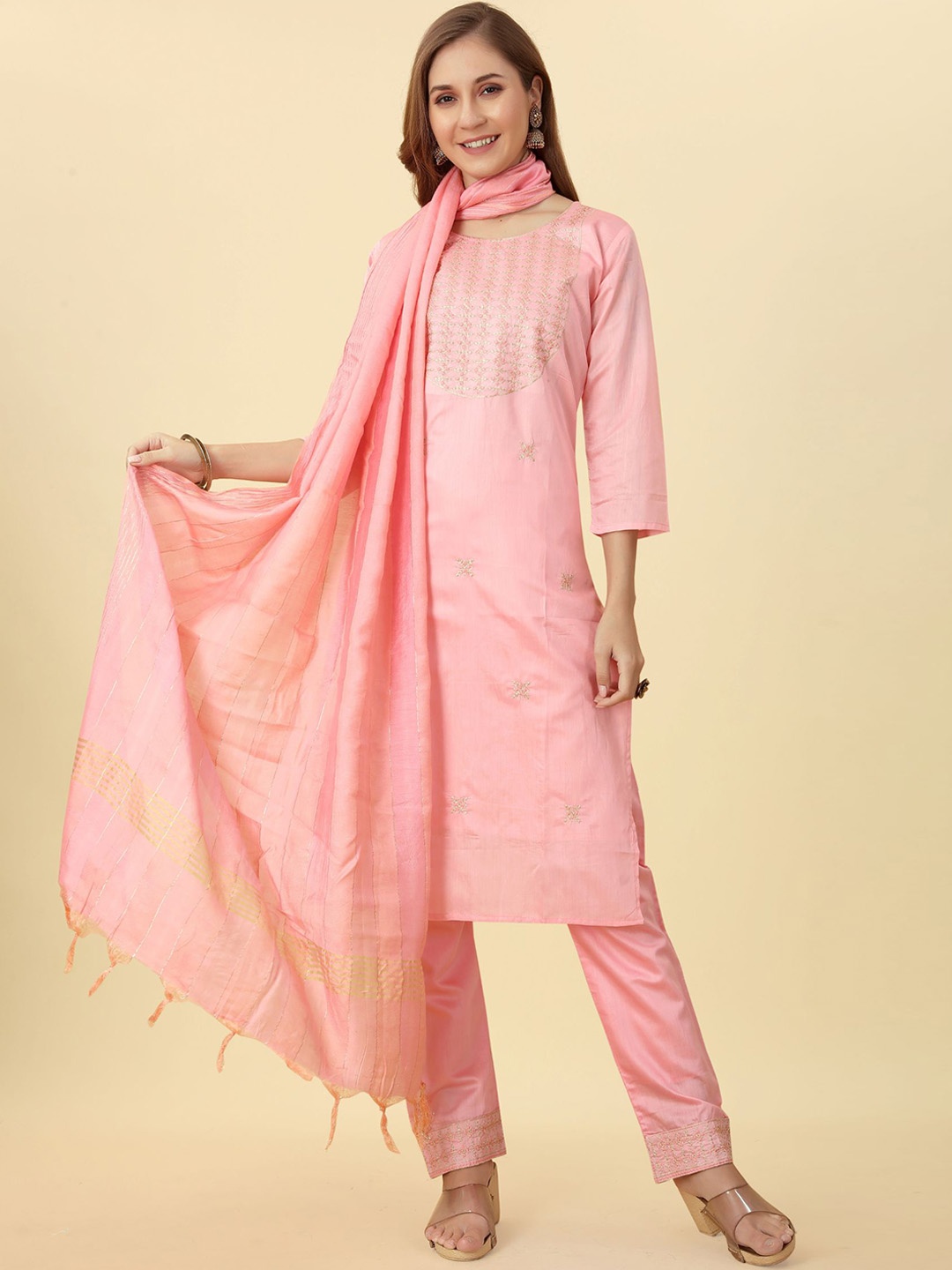 

KALINI Ethnic Motifs Embroidered Sequined Chanderi Silk Kurta with Trousers & Dupatta, Pink