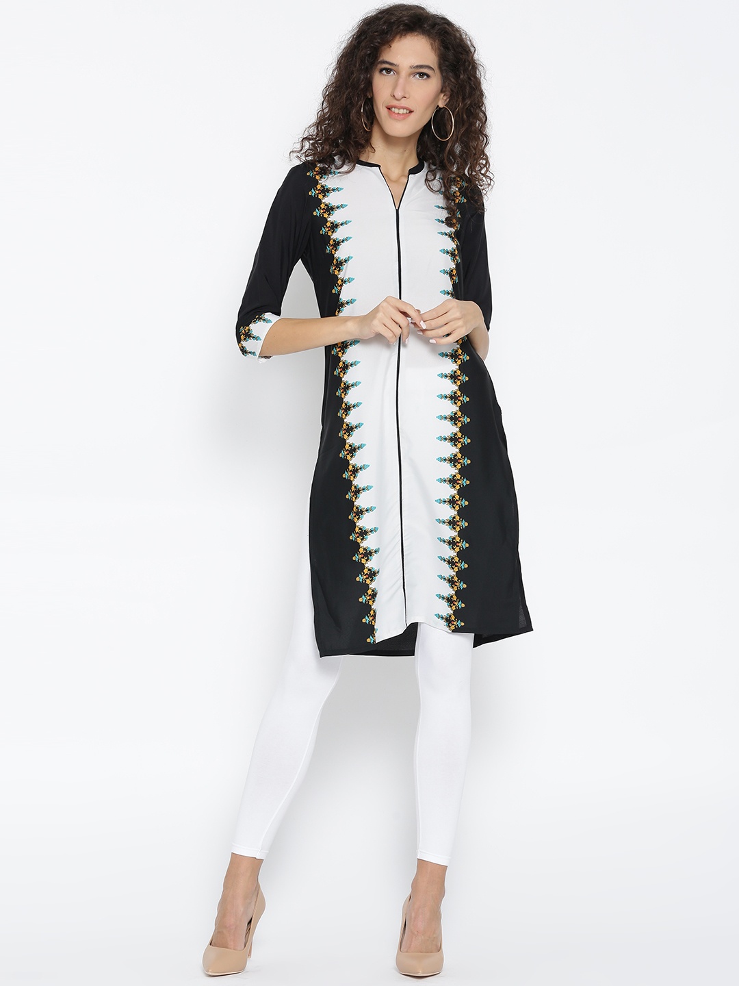 

AURELIA Women Black & White Printed Straight Kurta