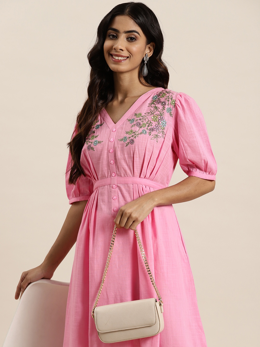 

HERE&NOW Cotton Yoke Design A-Line Kurta, Pink