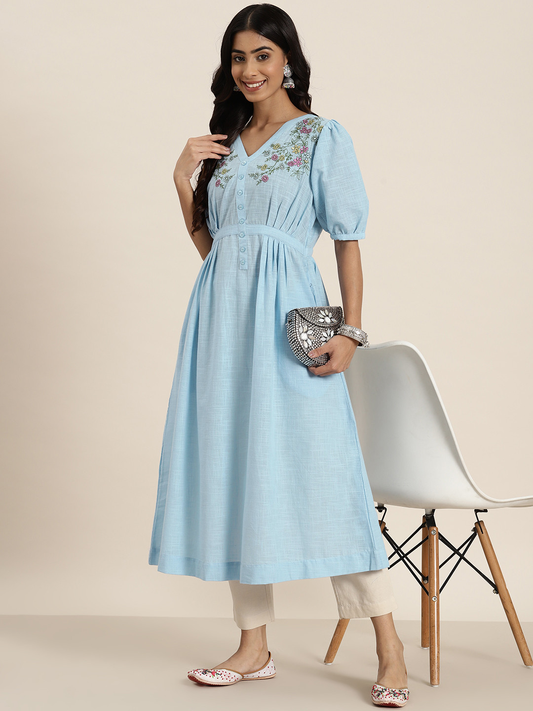 

HERE&NOW Pure Cotton V-Neck Puff Sleeves A-Line Kurta, Blue