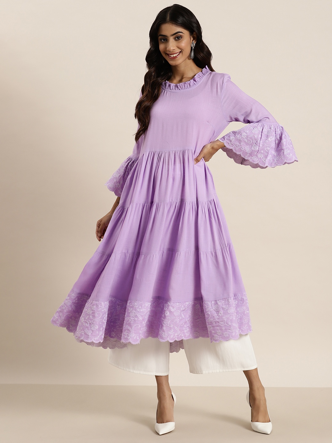 

HERE&NOW Floral Embroidered Bell Sleeves Tiered Kurta, Lavender