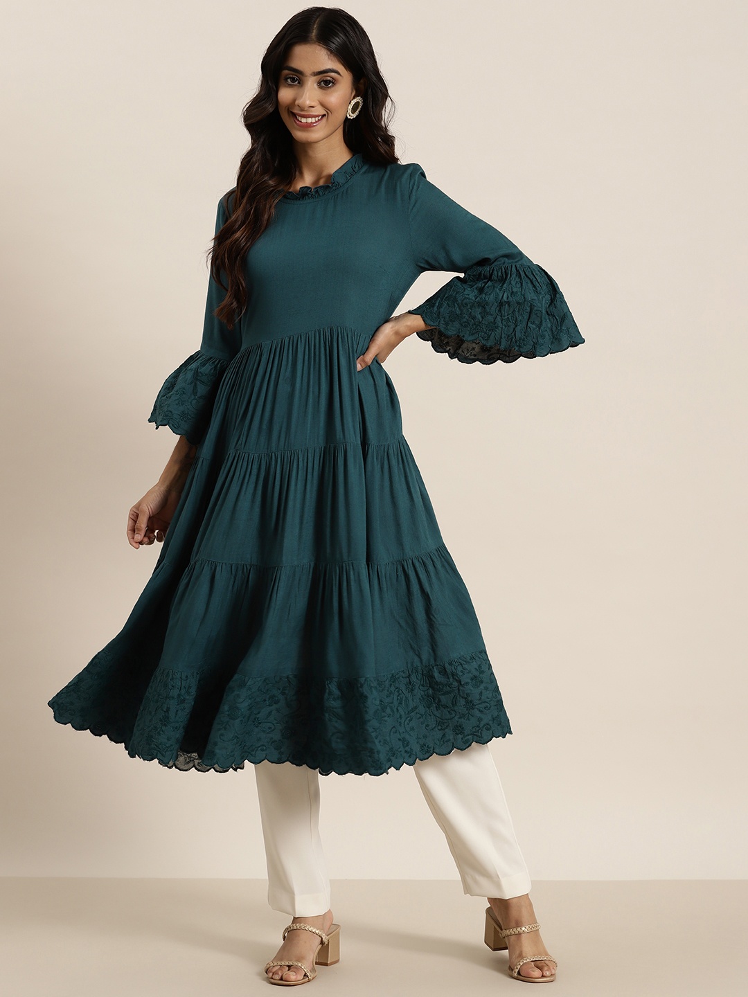 

HERE&NOW Embroidered Bell Sleeves Tiered Kurta, Teal