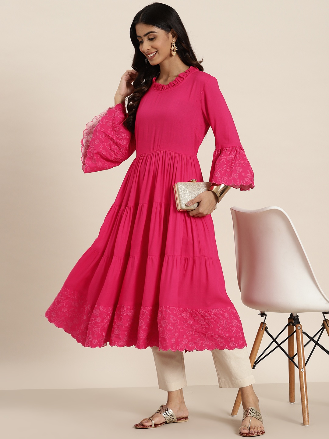 

HERE&NOW Bell Sleeves Thread Work Pleated Kurta, Pink