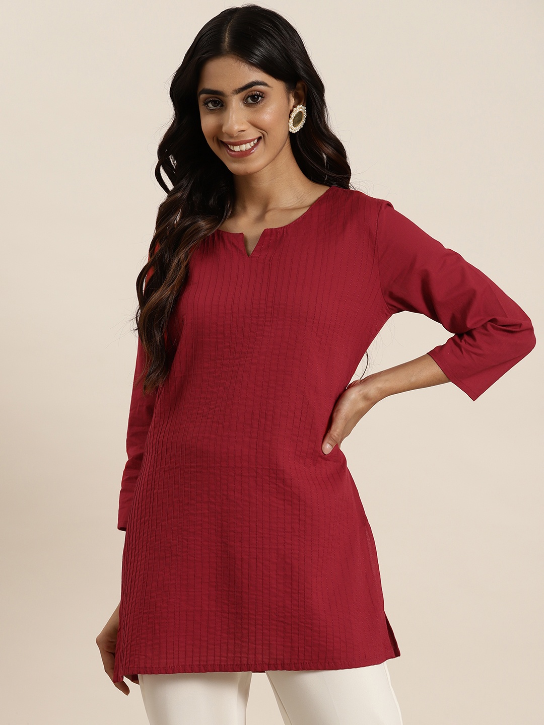 

HERE&NOW Pure Cotton Pleated Kurti, Maroon