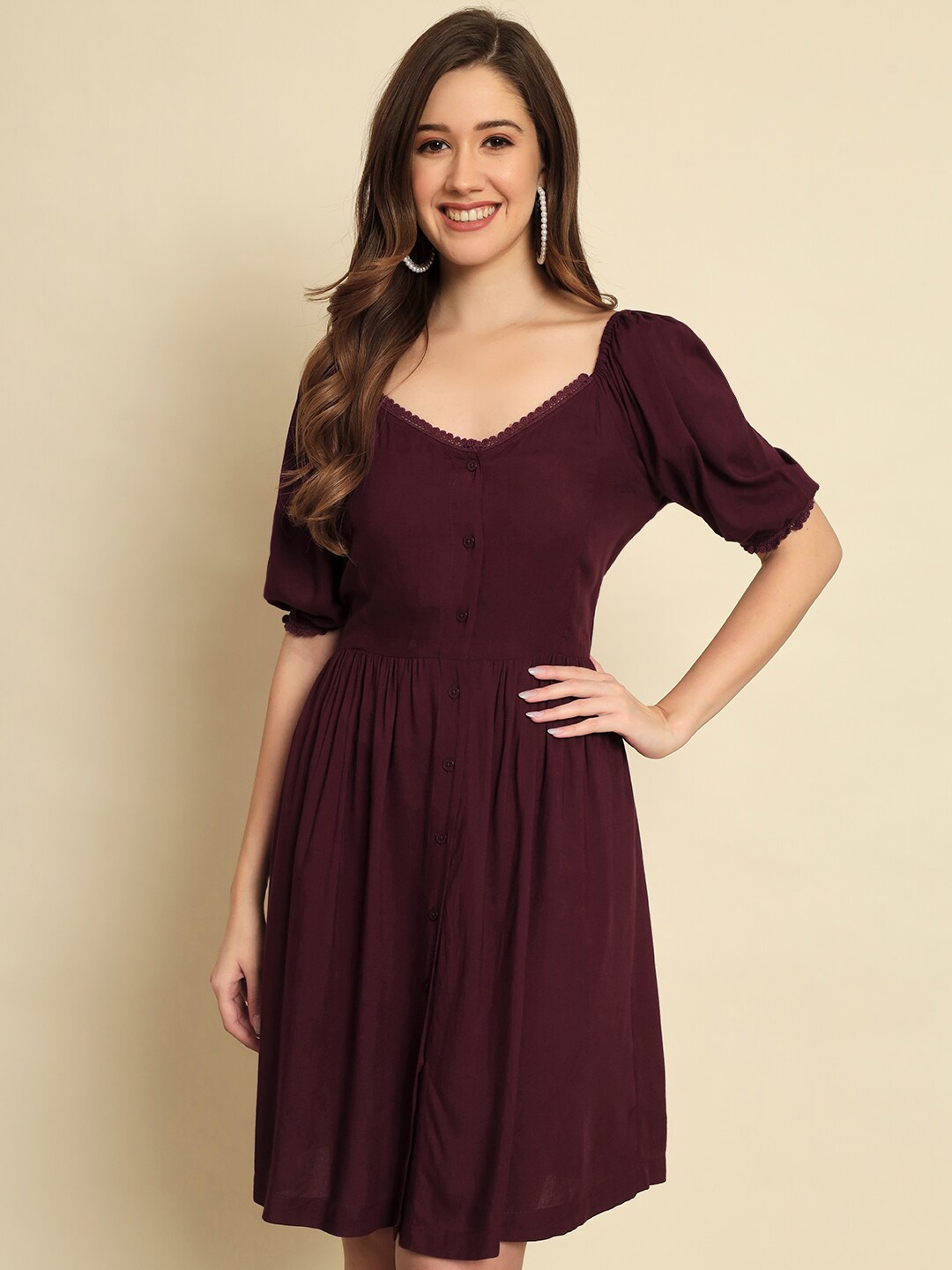 

Trend Arrest Puff Sleeve Fit & Flare Dress, Burgundy