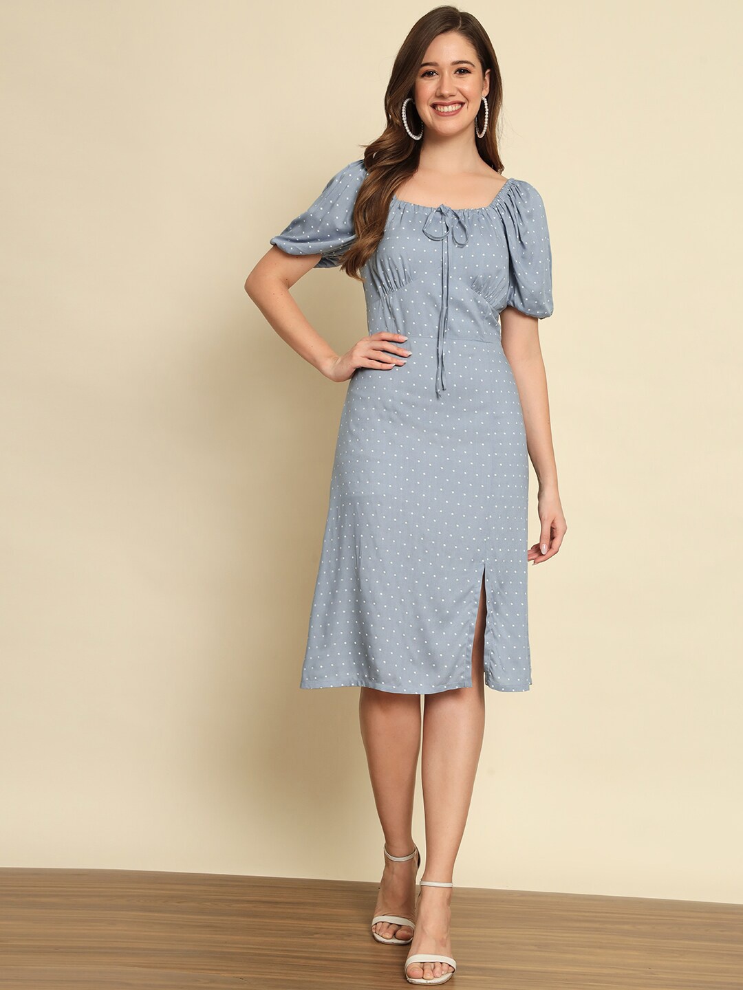 

Trend Arrest Polka Dot Printed Puff Sleeve A-Line Dress, Blue
