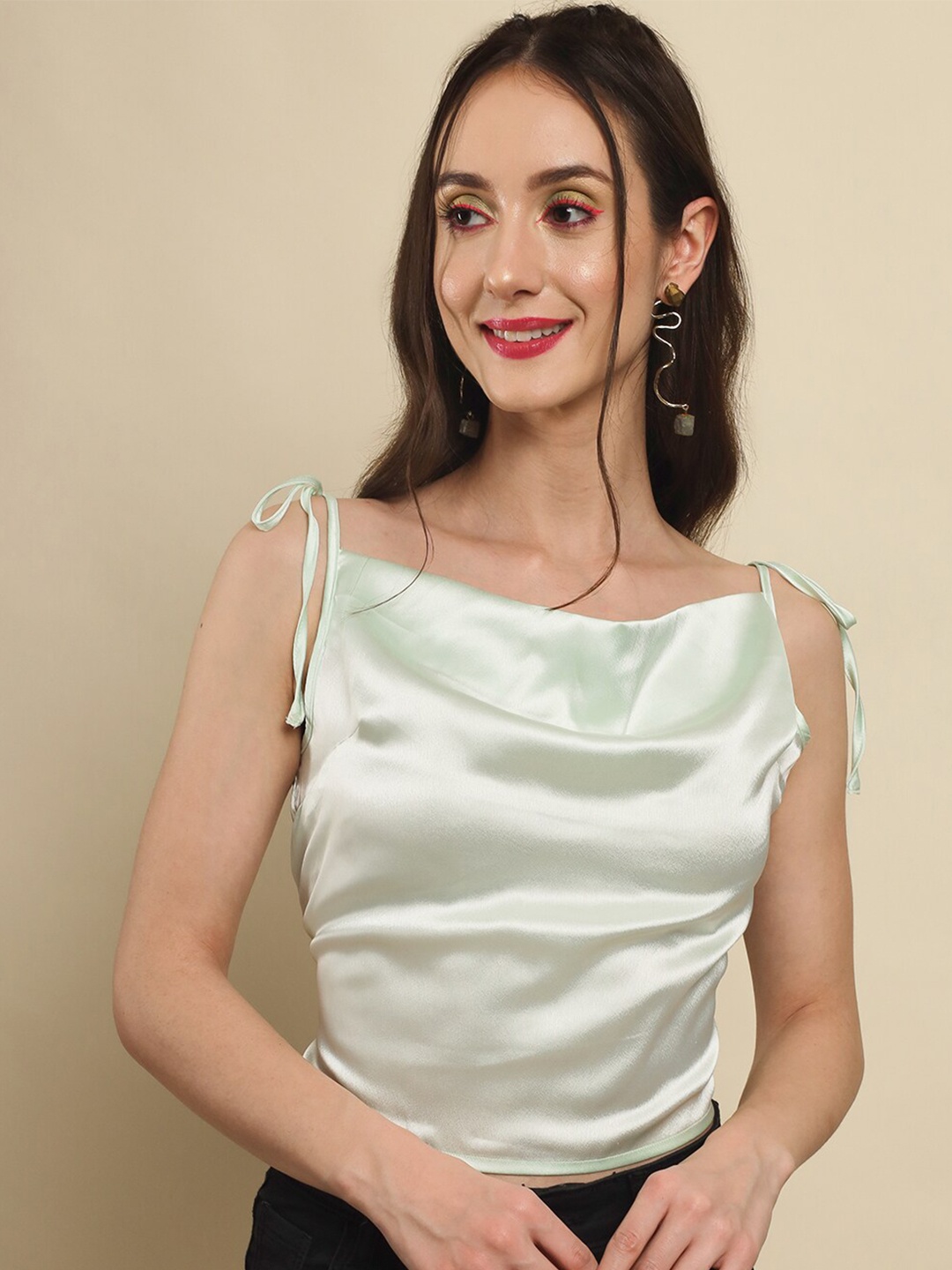 

Trend Arrest Cowl Neck Shoulder Straps Satin Crop Top, Green