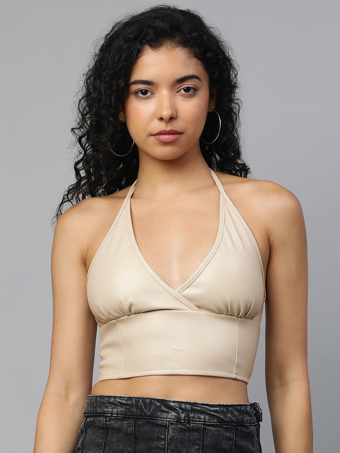 

London Rag Halter Neck Tank Crop Top, Taupe