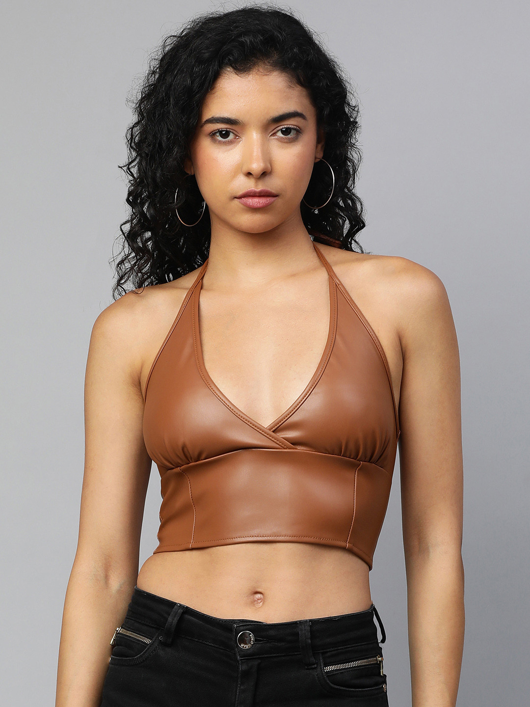 

London Rag Halter Neck Tank Crop Top, Tan