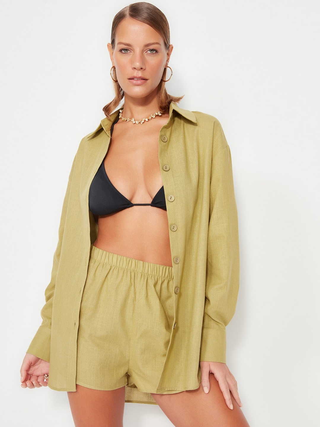 

Trendyol Pure Cotton Shirt With Shorts, Beige