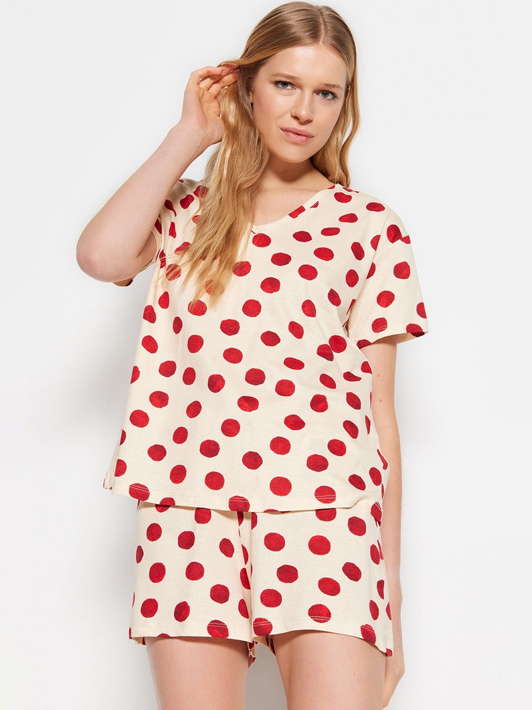 

Trendyol Polka Dots Printed Pure Cotton T-Shirt With Shorts, White