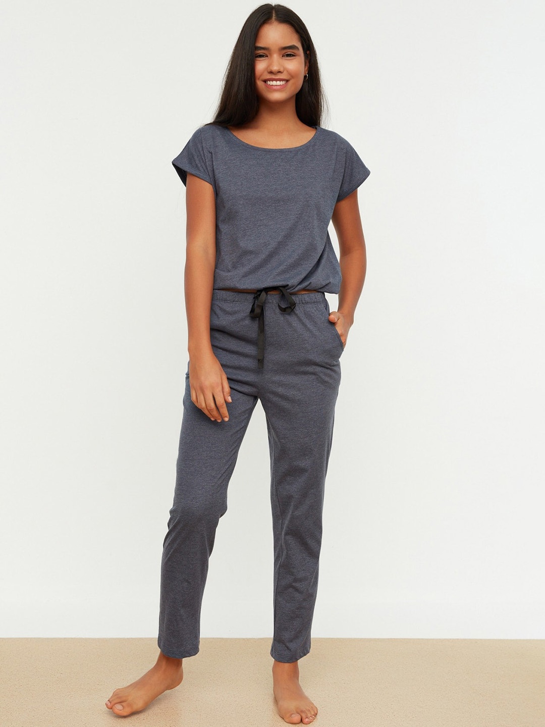 

Trendyol Pure Cotton Night Suit, Navy blue