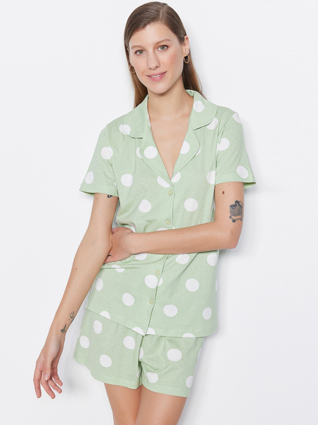 

Trendyol Polka Dots Printed Pure Cotton Night Suit, Green