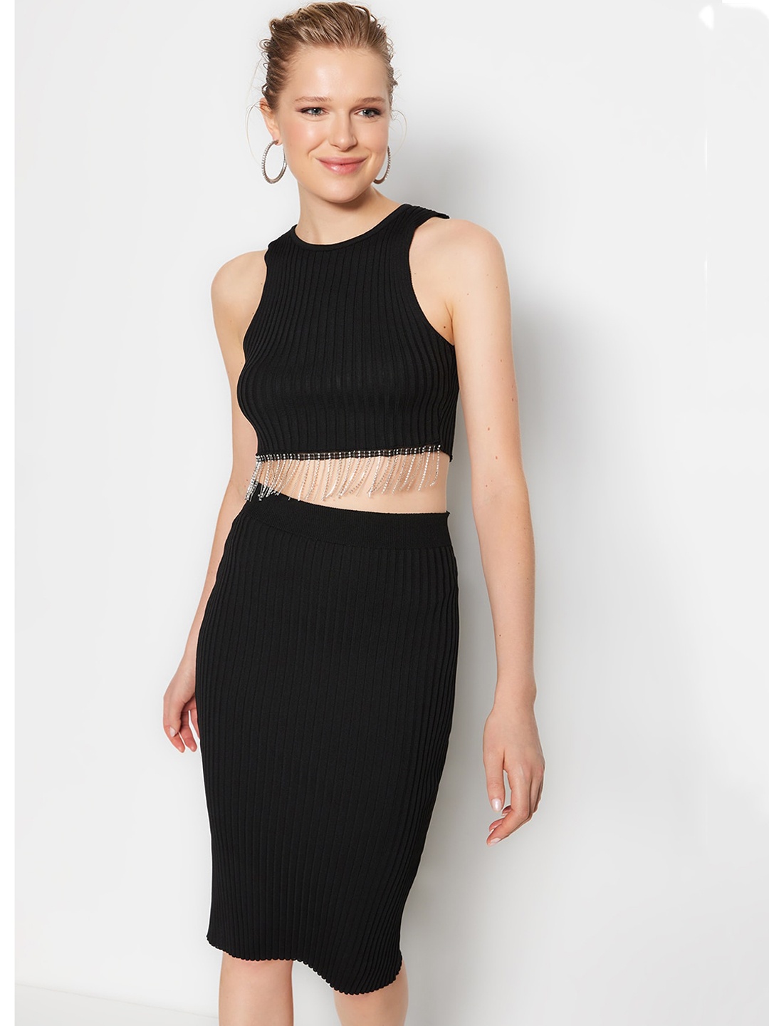 

Trendyol Striped Pure Cotton Crop Top & Skirt Co-Ords, Black