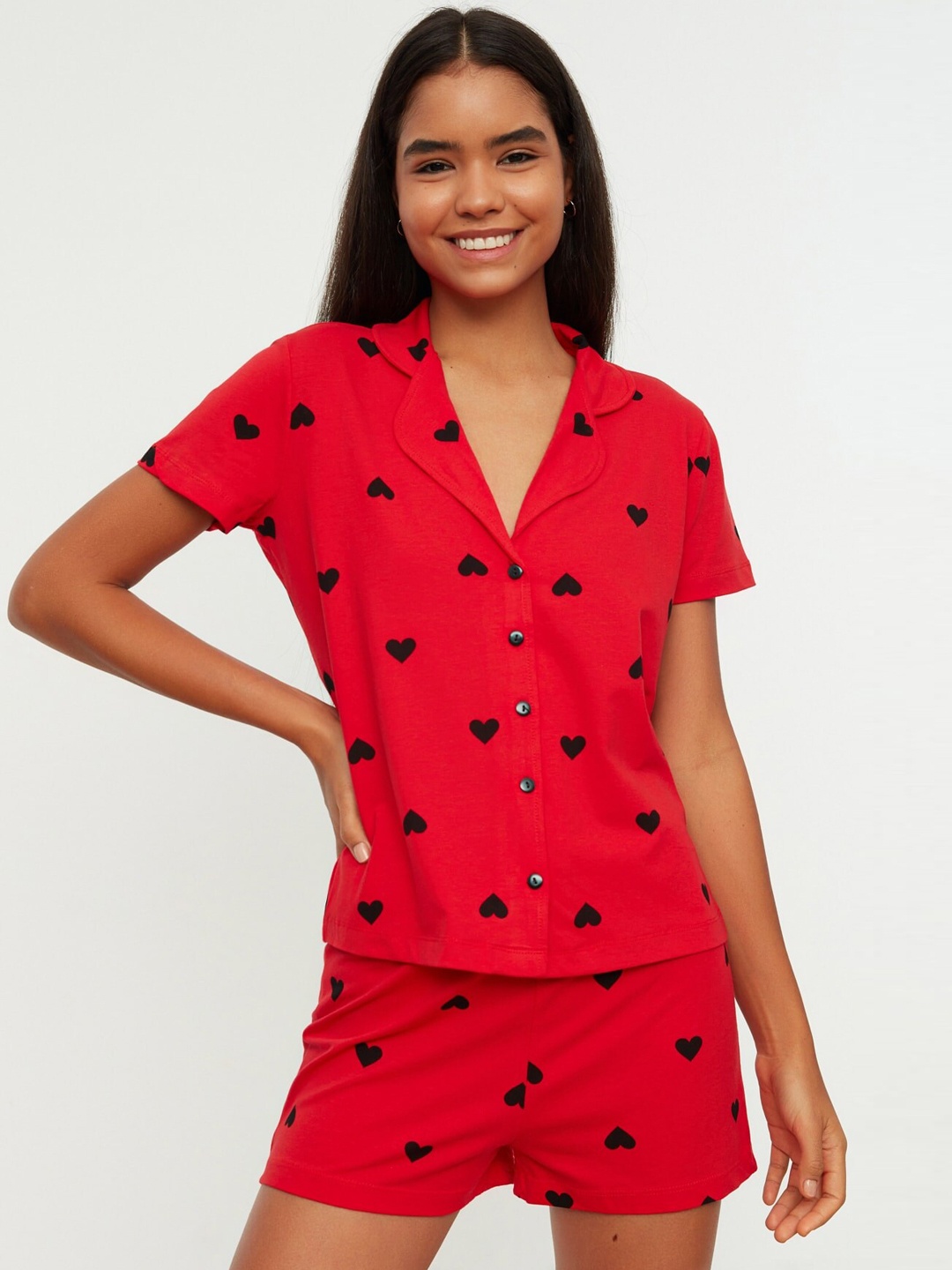 

Trendyol Conversational Printed Pure Cotton Night Suit, Red