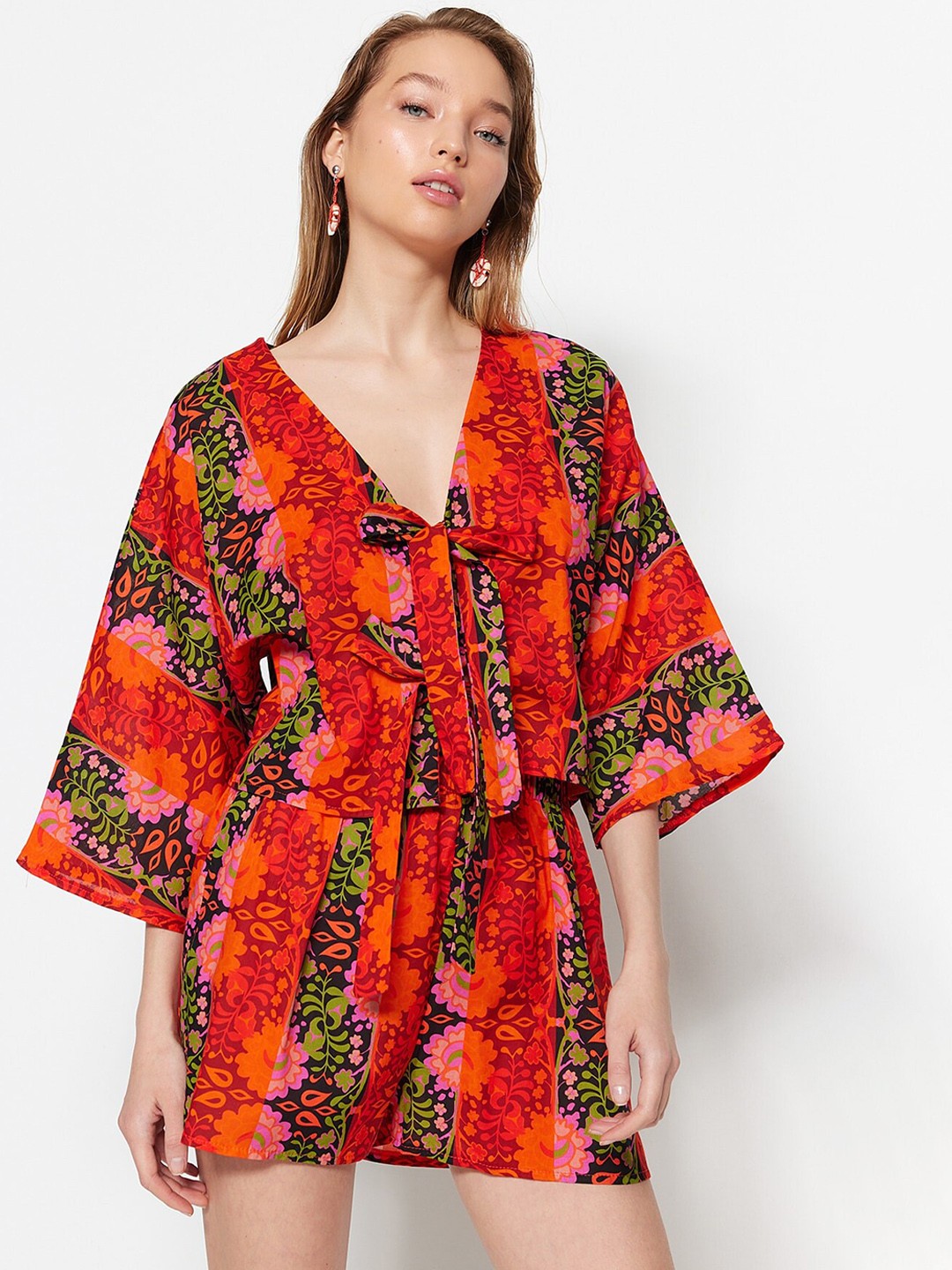 

Trendyol Floral Printed Pure Cotton Night Suit, Red