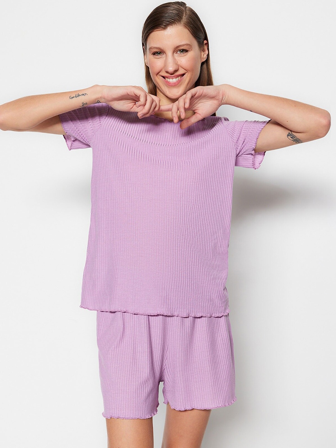 

Trendyol Striped Pure Cotton Night Suit, Purple