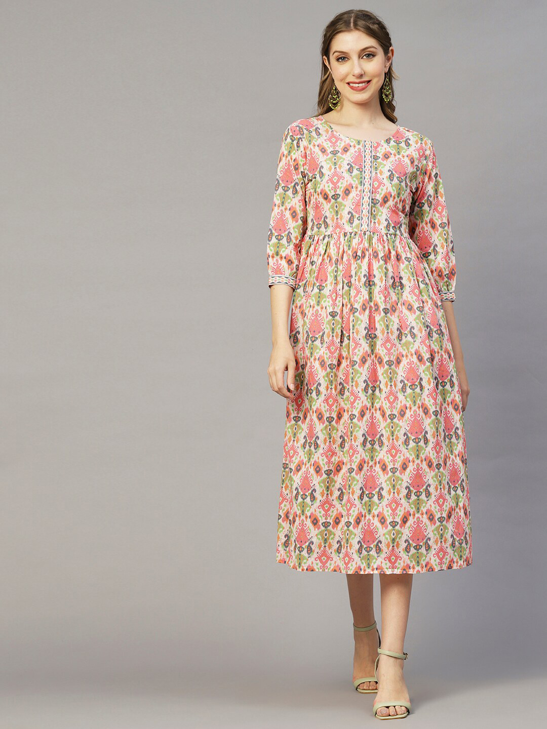 

FASHOR Beige Floral Print A-Line Midi Dress