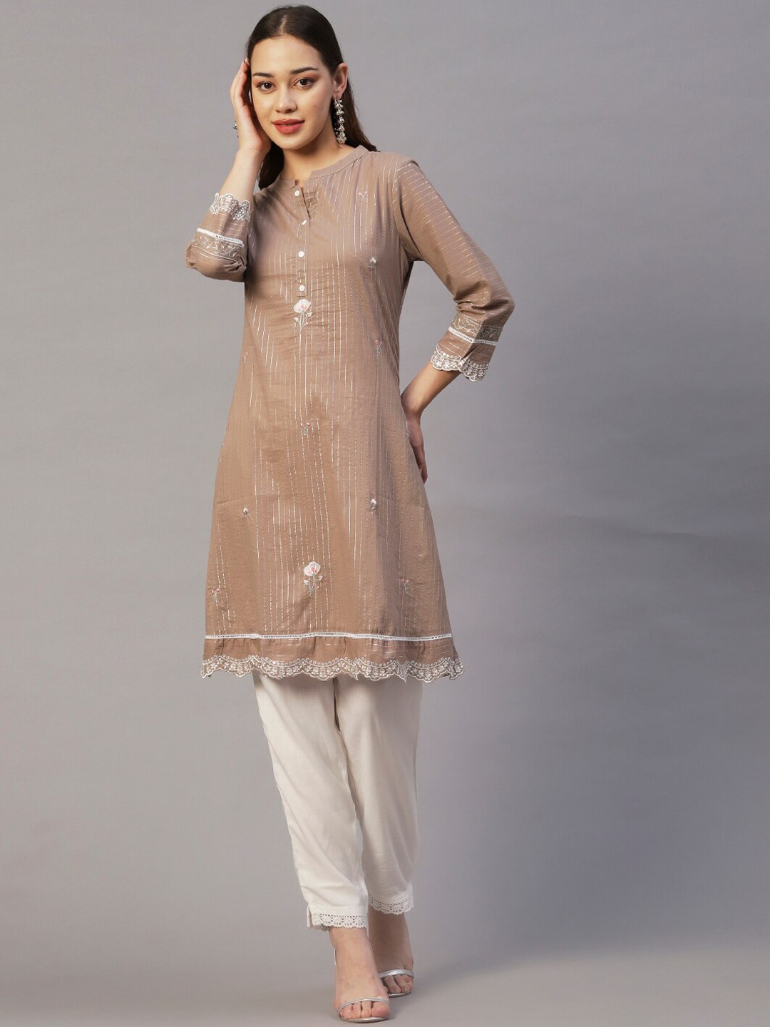 

FASHOR Brown & White Striped Thread Work A-Line Pure Cotton Kurta with Trousers
