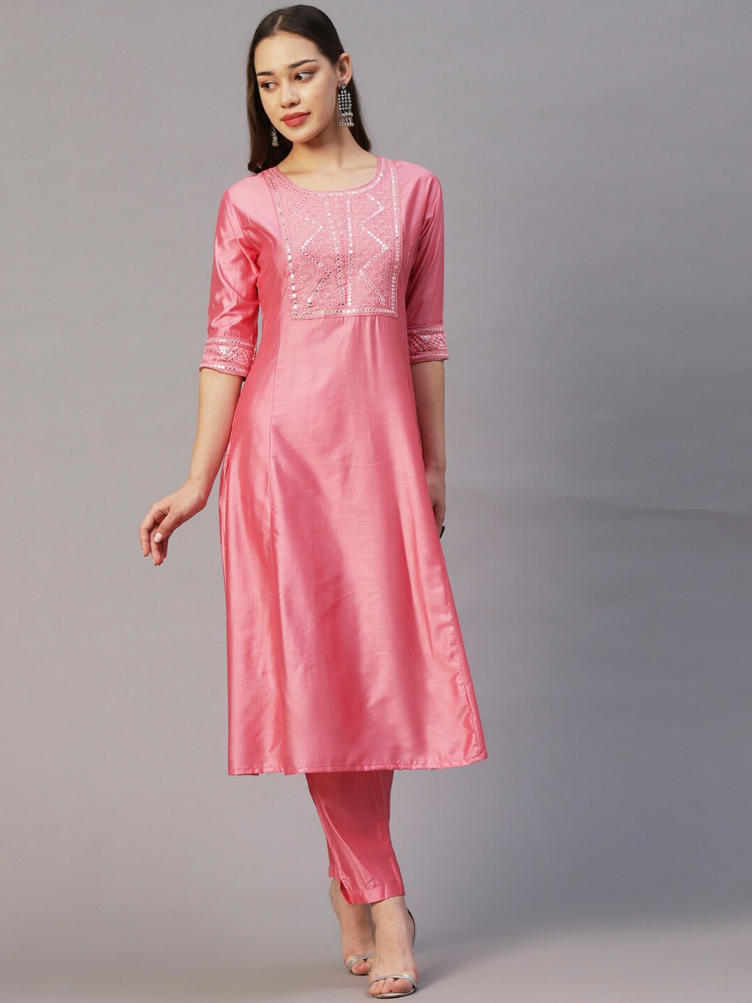 

FASHOR Pink Ethnic Motifs Embroidered Mirror Work A-Line Kurta with Trousers