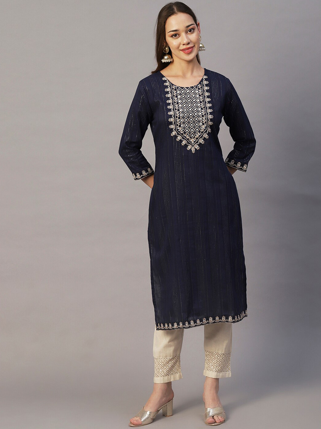 

FASHOR Navy Blue & Beige Ethnic Motifs Embroidered Mirror Work Cotton Kurta