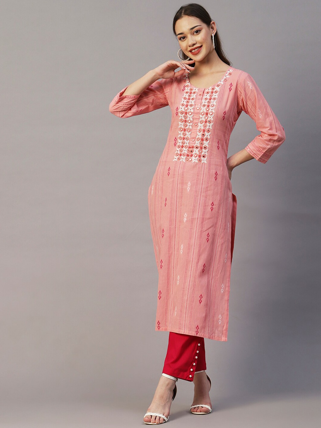 

FASHOR Peach-Color & White Ethnic Motifs Embroidered Mirror Work Cotton Kurta