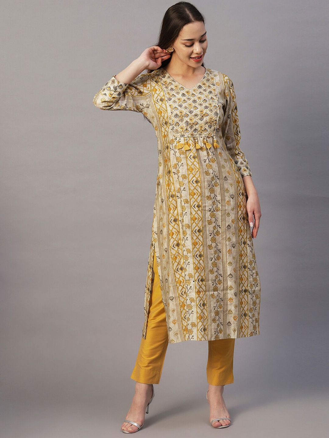 

FASHOR Beige & Yellow Ethnic Motifs Printed Mirror Work Kurta