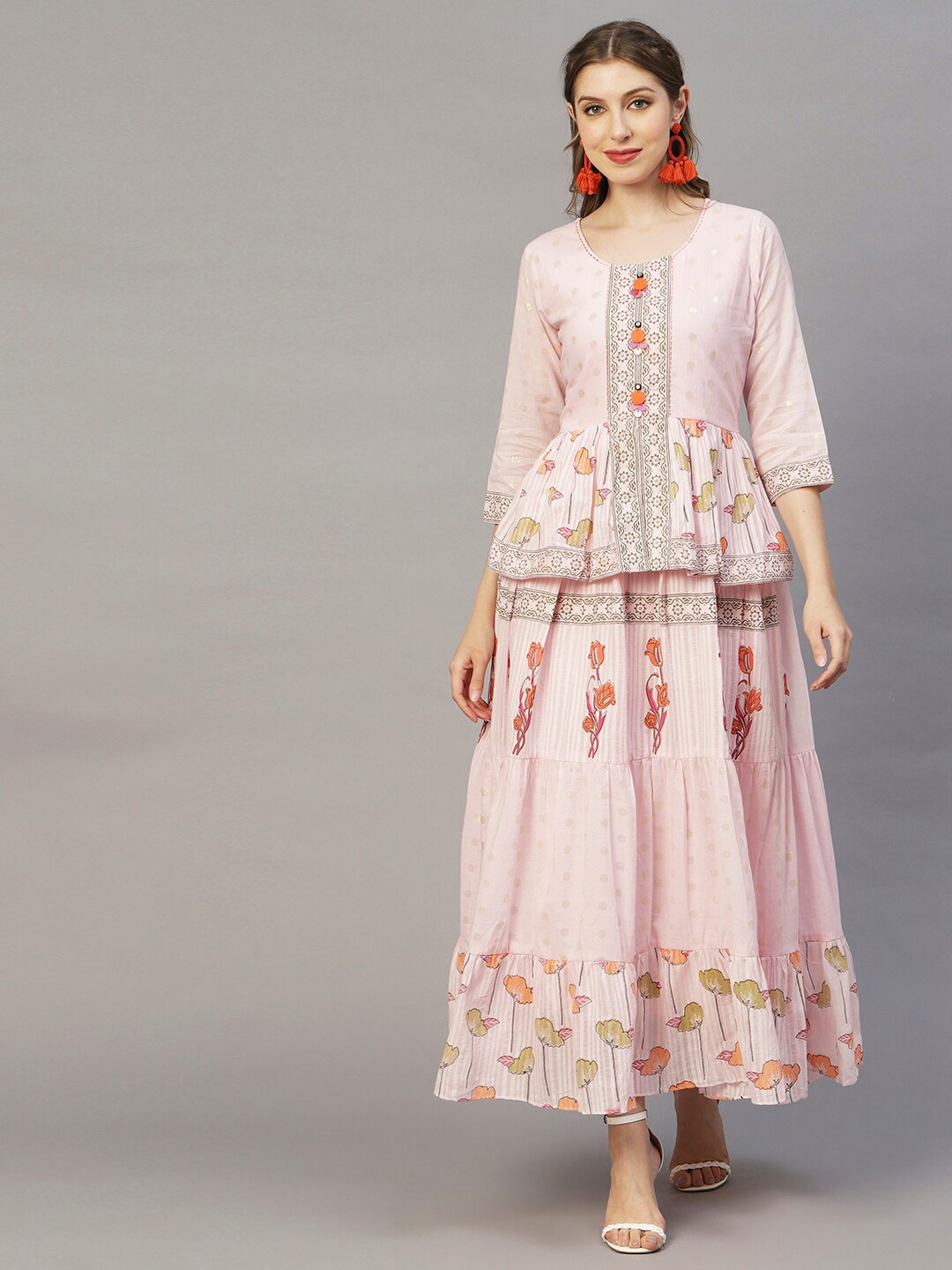 

FASHOR Pink Floral Print Bell Sleeve Maxi Dress