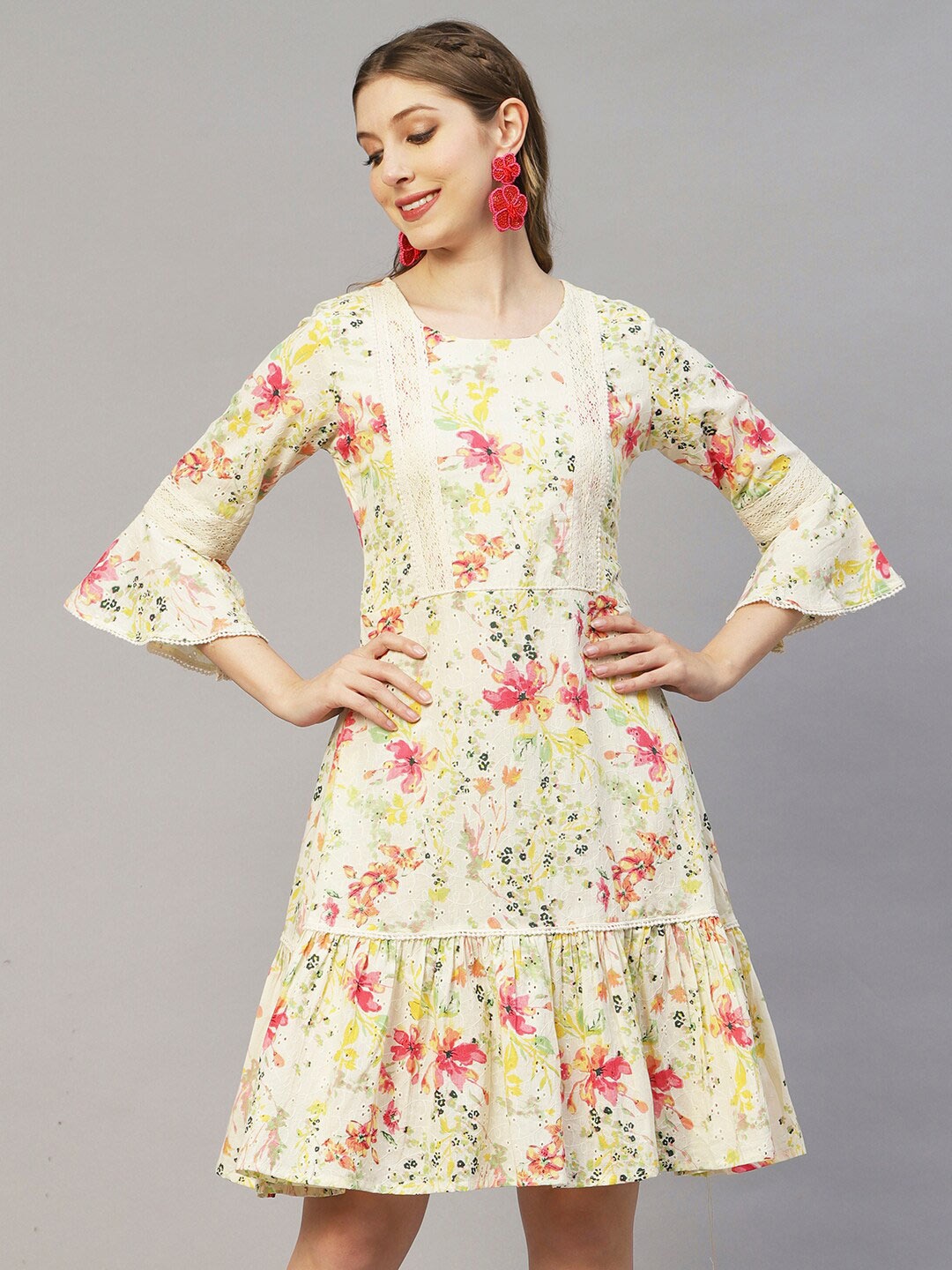 

FASHOR Off White Floral Printed Bell Sleeve A-Line Dress