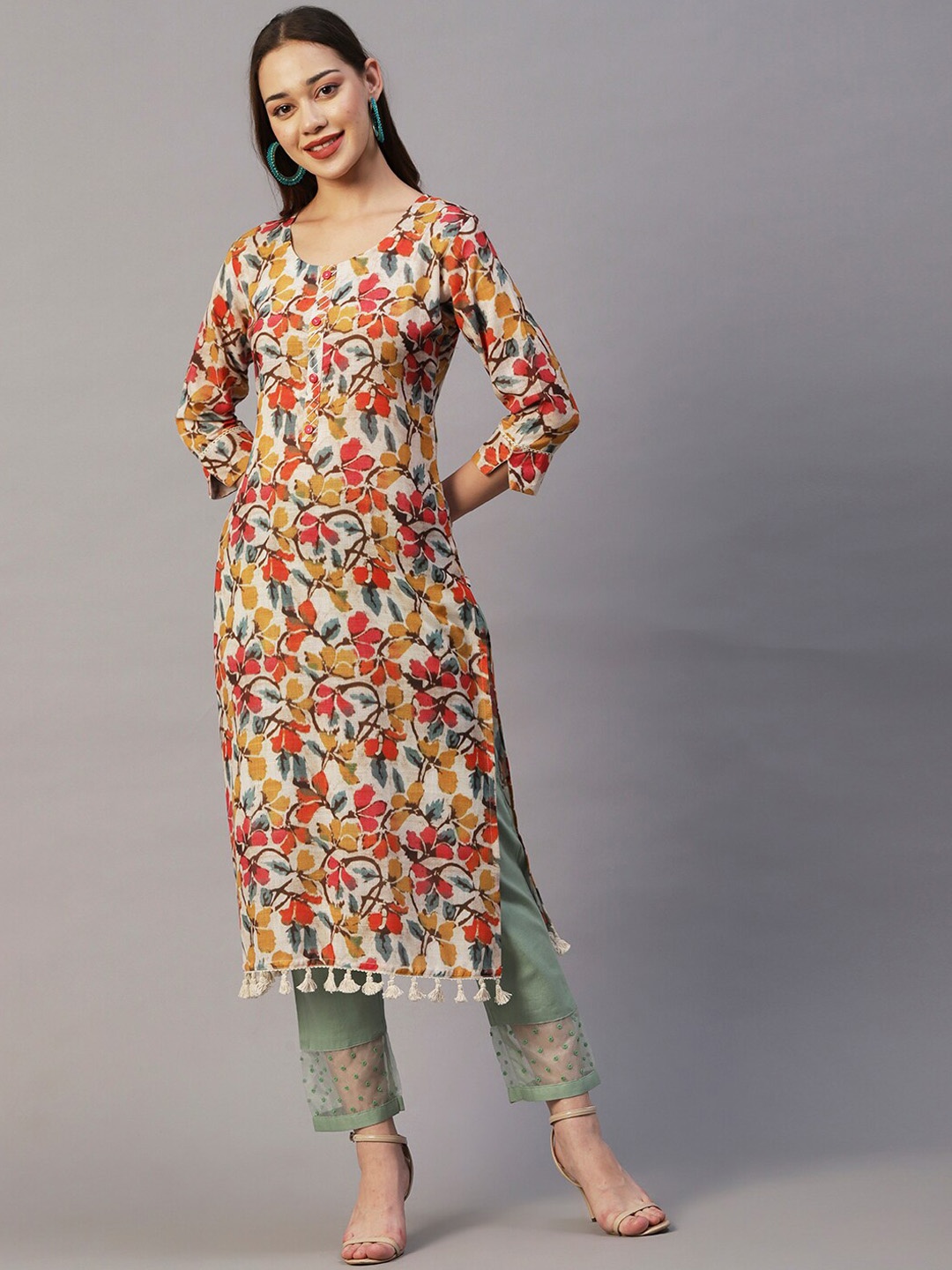 

FASHOR Beige & Red Floral Printed Straight Kurta