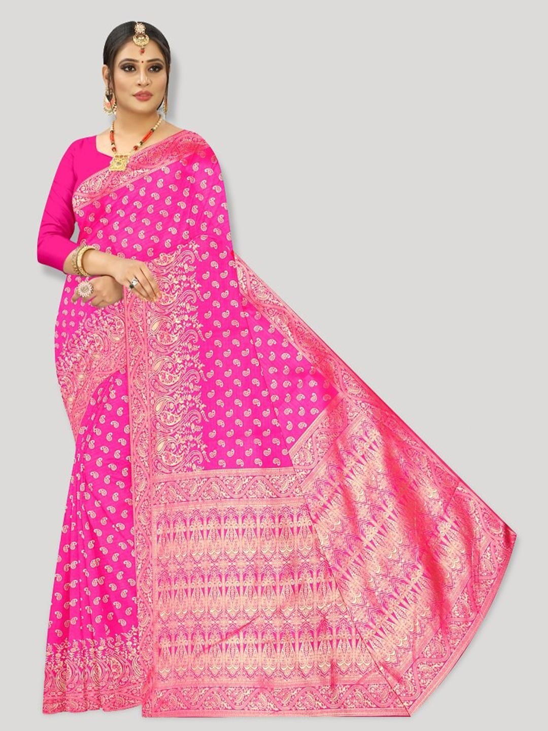 

Fashion FRICKS Paisley Woven Design Zari Banarasi Saree, Pink