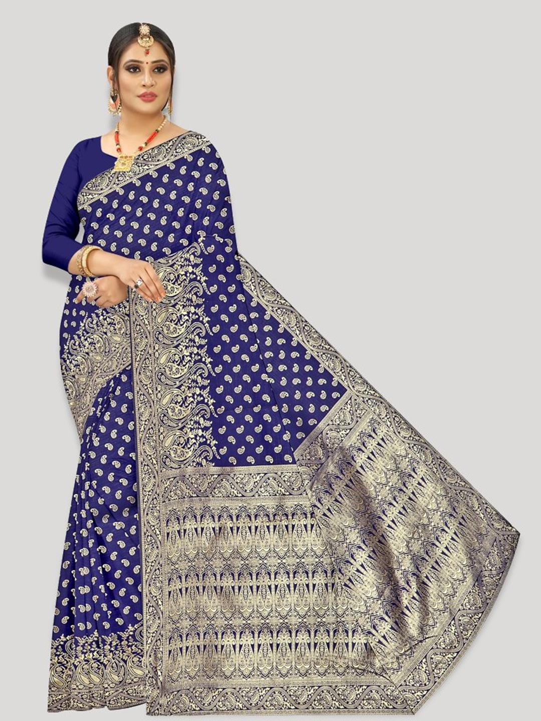 

Fashion FRICKS Paisley Woven Design Zari Banarasi Saree, Navy blue