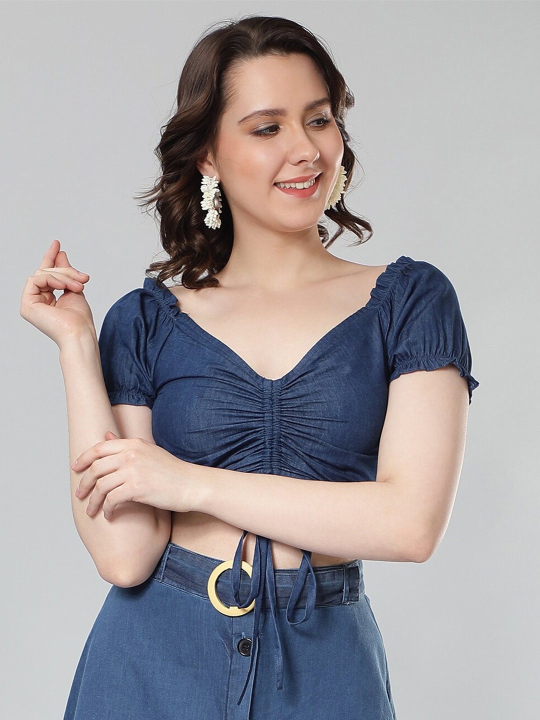 

NUEVOSDAMAS Sweetheart Neck Tie-Up Ruched Denim Blouson Crop Top, Blue