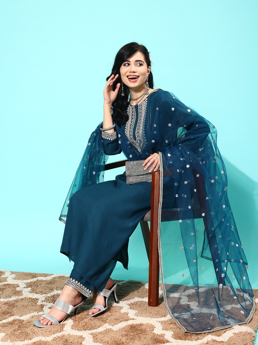 

Nayo Women Teal Yoke Design Regular Kurta with Palazzos & With Dupatta