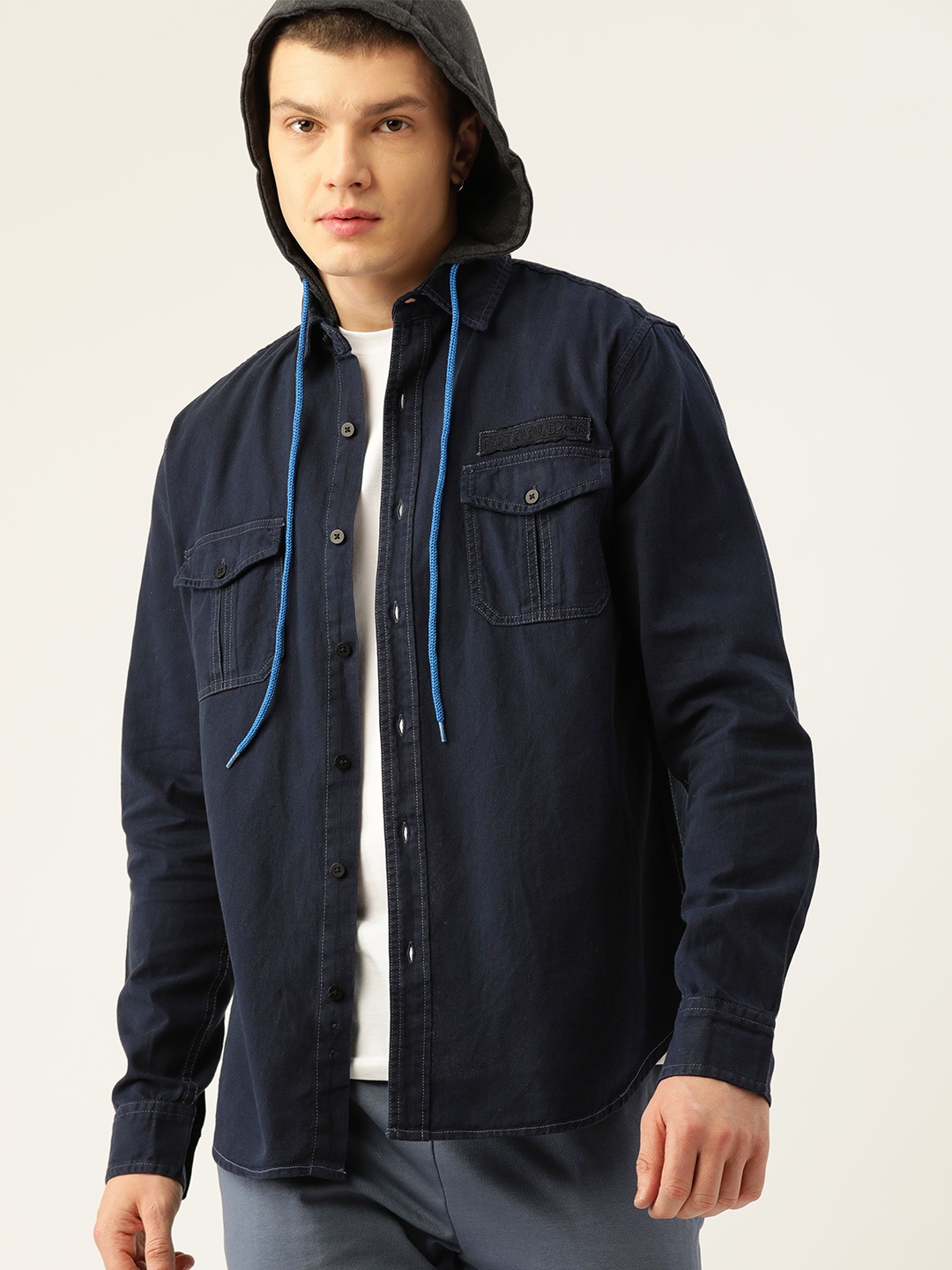 

Kook N Keech Men Hooded Comfort Opaque Cotton Casual Shirt, Navy blue